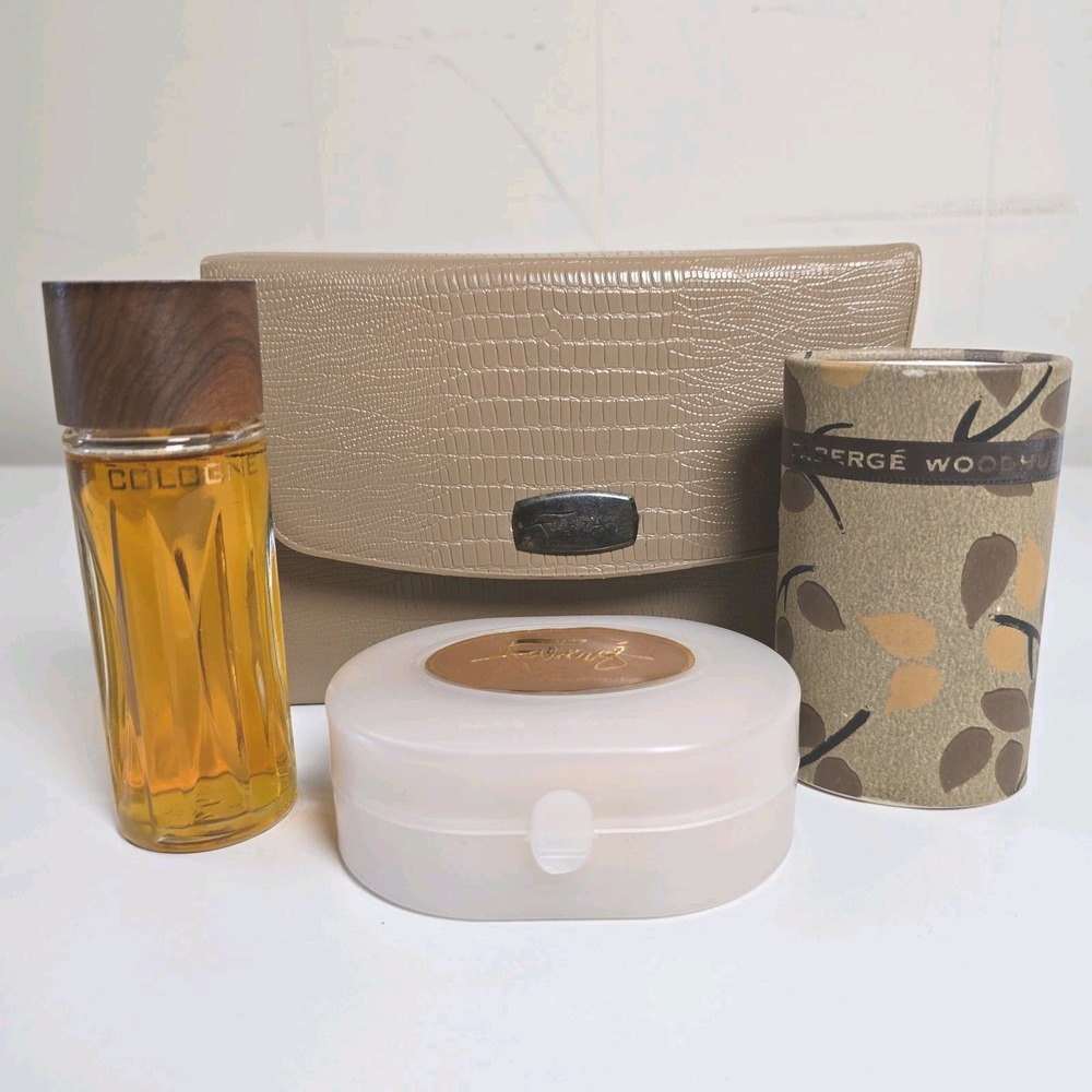Faberge Woodhue Cologne 2 oz with  Bath Soap &Powder Set in Travel Case **READ**